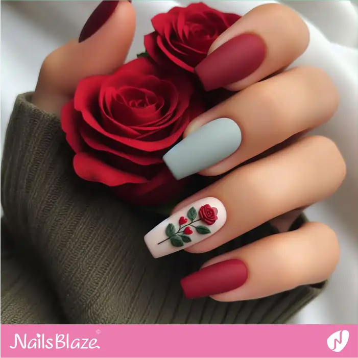 Matte Nails with a Rose Flower for Love | Valentine Nails - NB2121